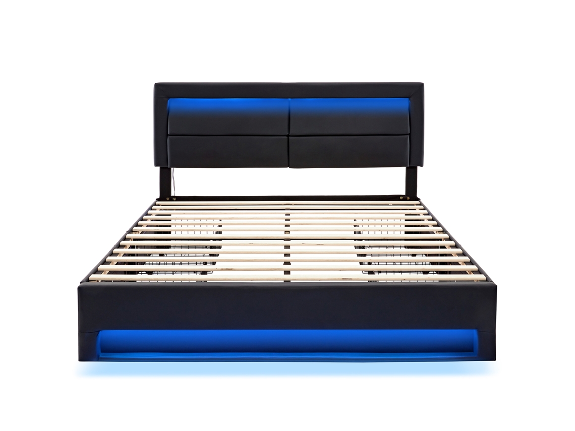 Cama De Casal Com Gavetas Imitação Led Portas Carregamento Sem Mobrio Madeira Pele Preto (140x190)