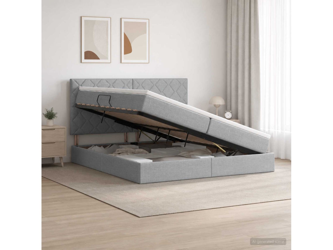 Vidaxl Cama Com Arrumação E Colchão Cinzento-claro 200 X 200 Cm Tecido
