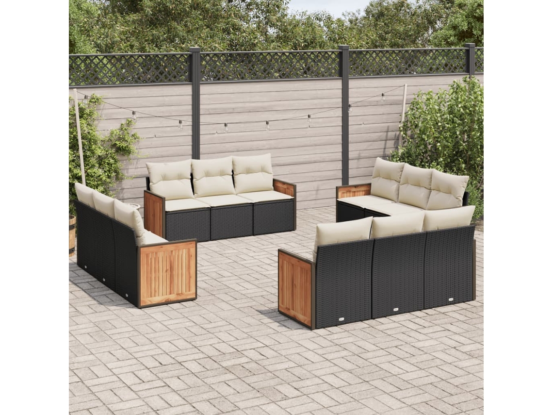Vidaxl 12 Pcs Conjunto de Sofás de Jardim C/ Almofadões Vime Pe Preto