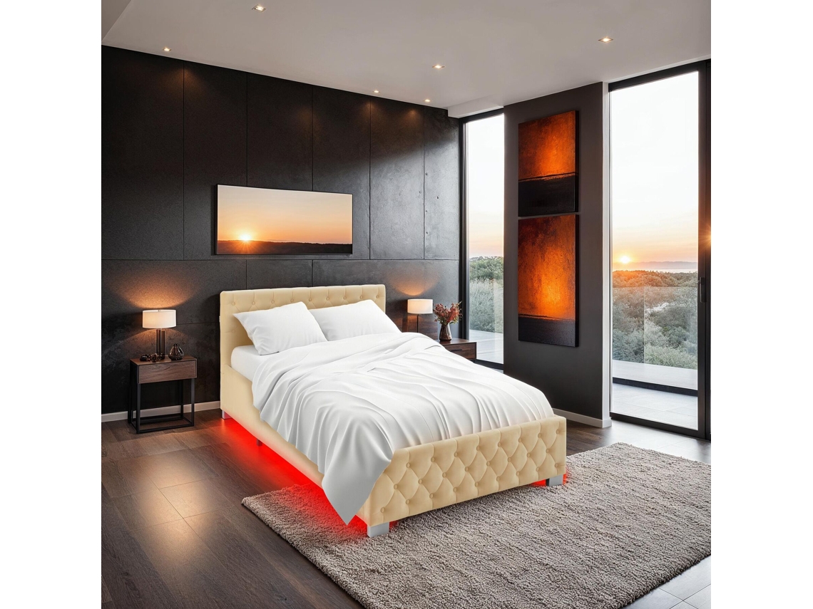 Tectake Cama Acolchoada Com Tiras Led E Espaço De Arrumação, Bege