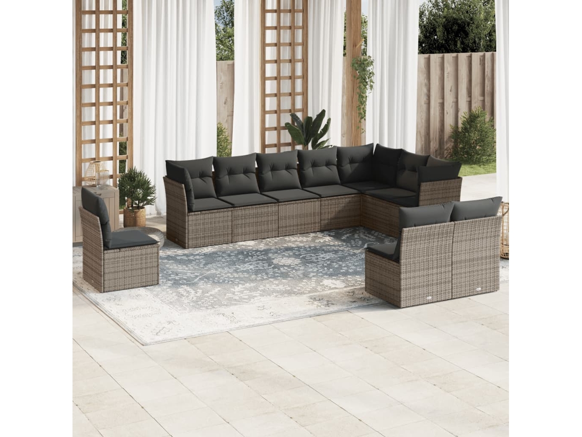 Vidaxl 10 Pcs Conjunto Sofás De Jardim C/ Almofadões Vime Pe Cinzento