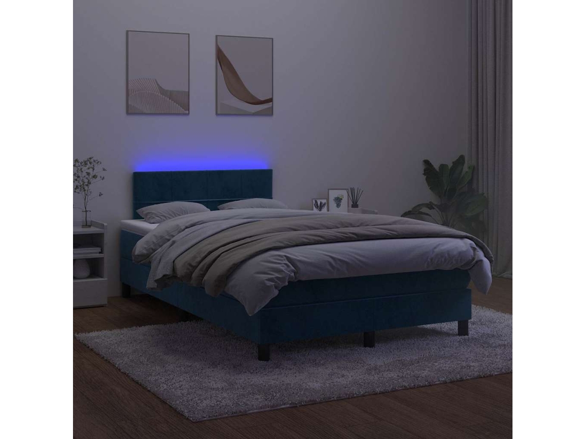 Vidaxl Cama Box Spring Colchão Led 120x190cm Couro Artif. Azul-escuro