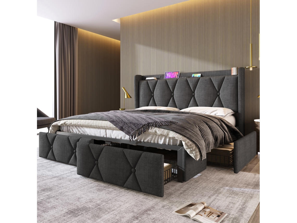 Cama Estofada Cinza 140x200 Usb 4 Gavetas com Colchão