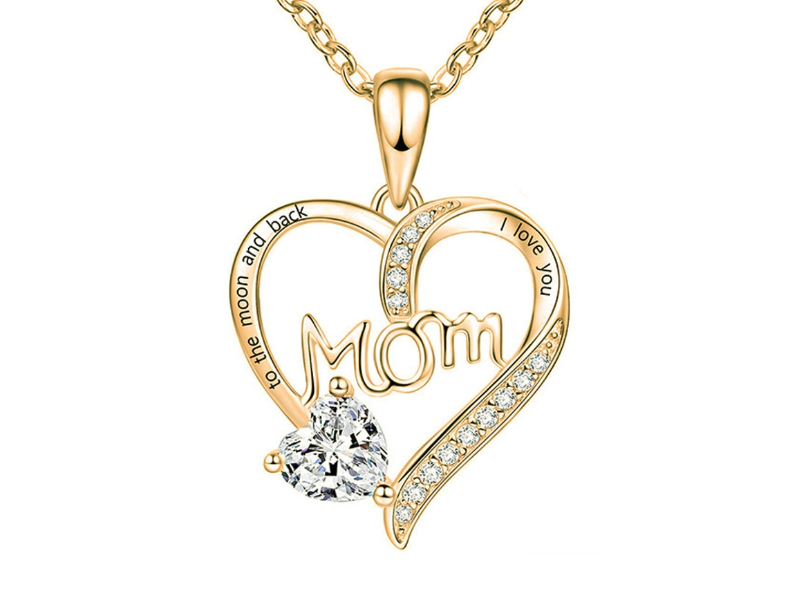 Colar com Pingente de Coração “mom” Gravado em Ouro Rosa, Zircônias Brancas, Presente Delicado para o Dia da Mãe, Ergonômico, Uso Diário STELASPLEN