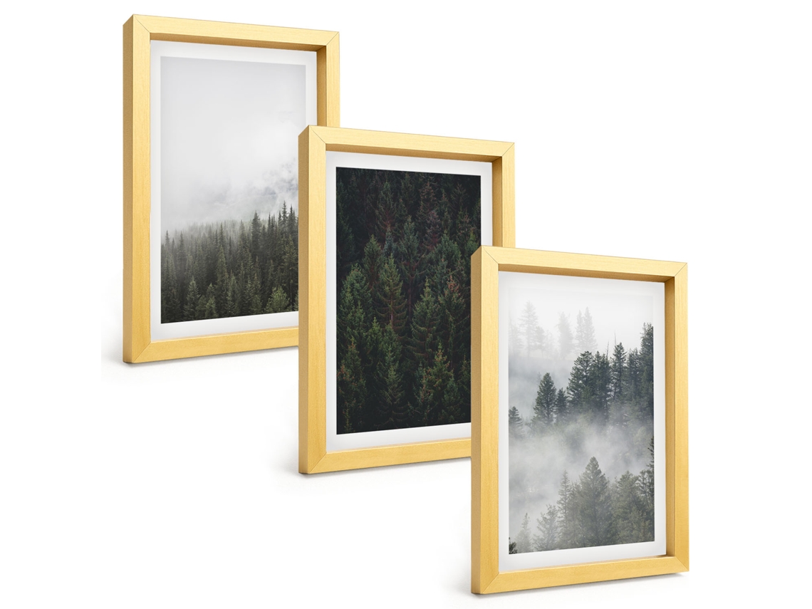Quadros Decorativos Para Paredeflorestas Verdes, Neblina, Natureza Moldura Dourada Quadros Para O Escritório Espelharte (3 Peças 20x30 Cm)