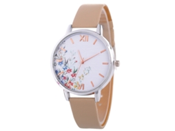 Relógio Feminino de Quartzo com Pulseira de Couro Pu Mostrador Floral Bege