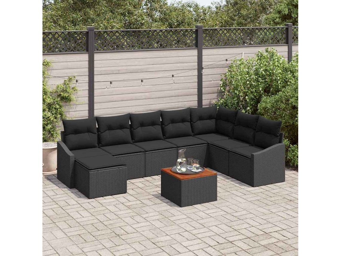 Vidaxl Conjunto De Sofá De Jardim 9 Pcs Preto Vime Pe
