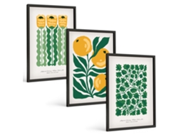 Galeria De Pinturas Murais Padrões De Plantas, Flores E Folhas Moldura Preta Quadros Para O Escritório Espelharte (3 Piezas De 40x60 Cm)