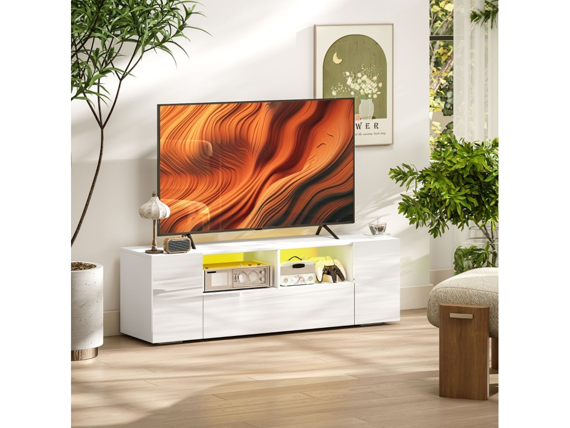 Móvel De Tv, Suporte De Tv, Até 60 Polegadas, Com Luzes Led, 2 Prateleiras E Armários, Painel Da Porta Brilhante, 137 X 35 X 42 Cm, Branco