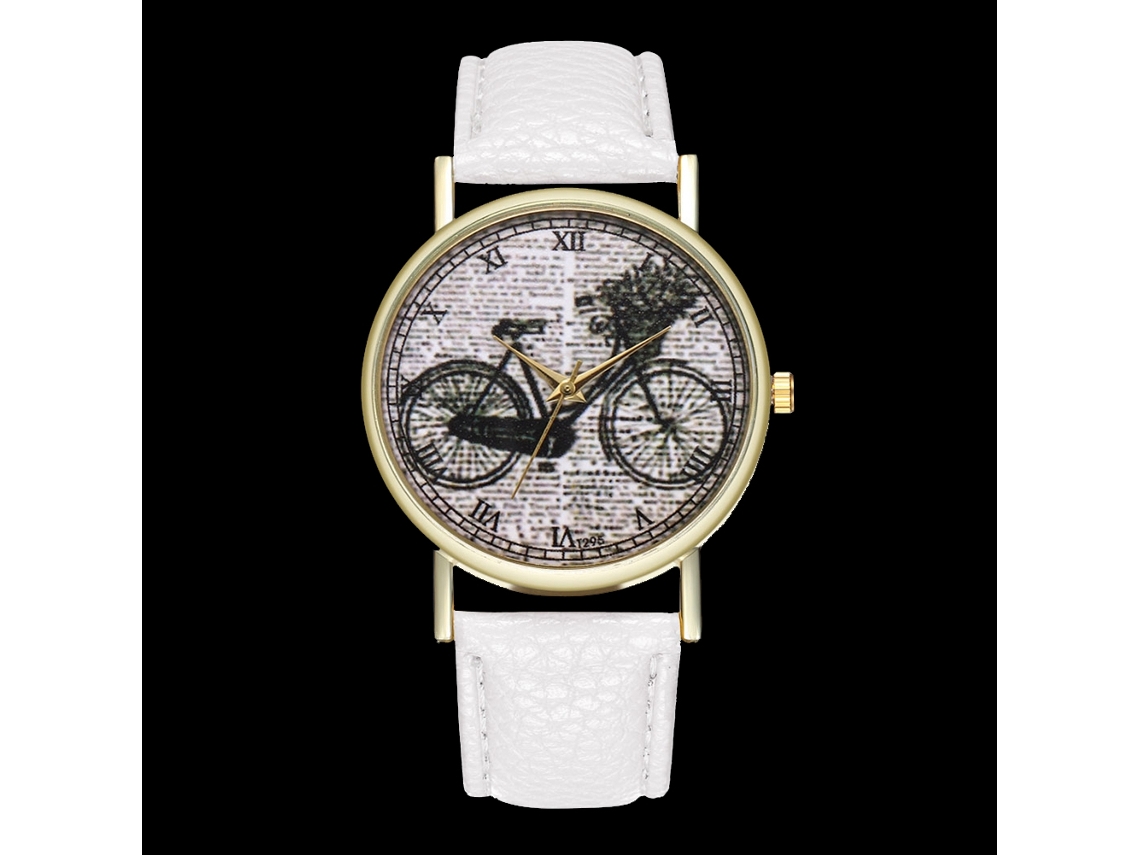 Relógio unissex casual de pulso estilo bicicleta, quartzo, pulseira de couro branca.