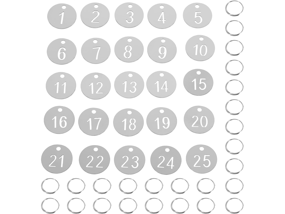 Etiquetas Numéricas Redondas De 30 Mm Em Aço Inoxidável Prateado, Pacote Com 25 Unidades, Numeração Transparente.