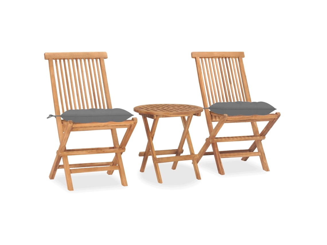 Vidaxl 3 Pcs Conj. Jantar Dobrável Exterior C/ Almofadão Teca Maciça