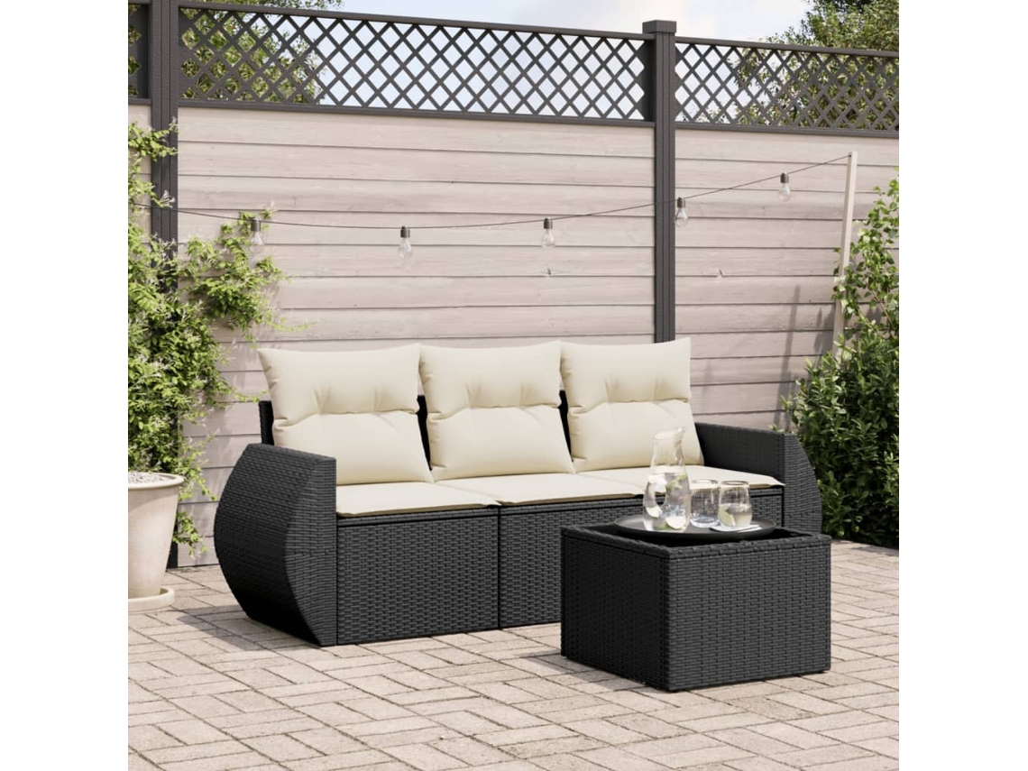 Vidaxl 4 Pcs Conjunto de Sofás para Jardim C/ Almofadões Vime Pe Preto