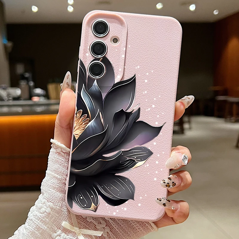 Capa De Tpu Rosa Para Galaxy S24 Com Estampa De Lótus Rosa Preta.