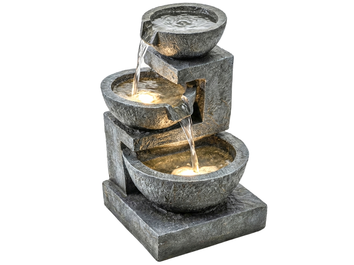 Fonte de Jardim com Iluminação Led e Bomba Cascata Decorativa de 3 Níveis 40x37x61 Cm Multicolor Ge