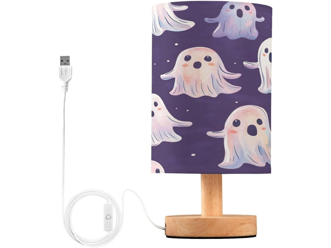 Luminária De Cabeceira Fantasma Halloween Skyshu, Pequena Luminária De Mesa Led Usb Com Base Madeira Antiderrapante E