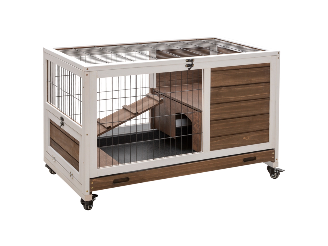 Gaiola para coelhos de pequeno porte com teto que abre e bandeja removível, 90x53x59 cm, marrom.
