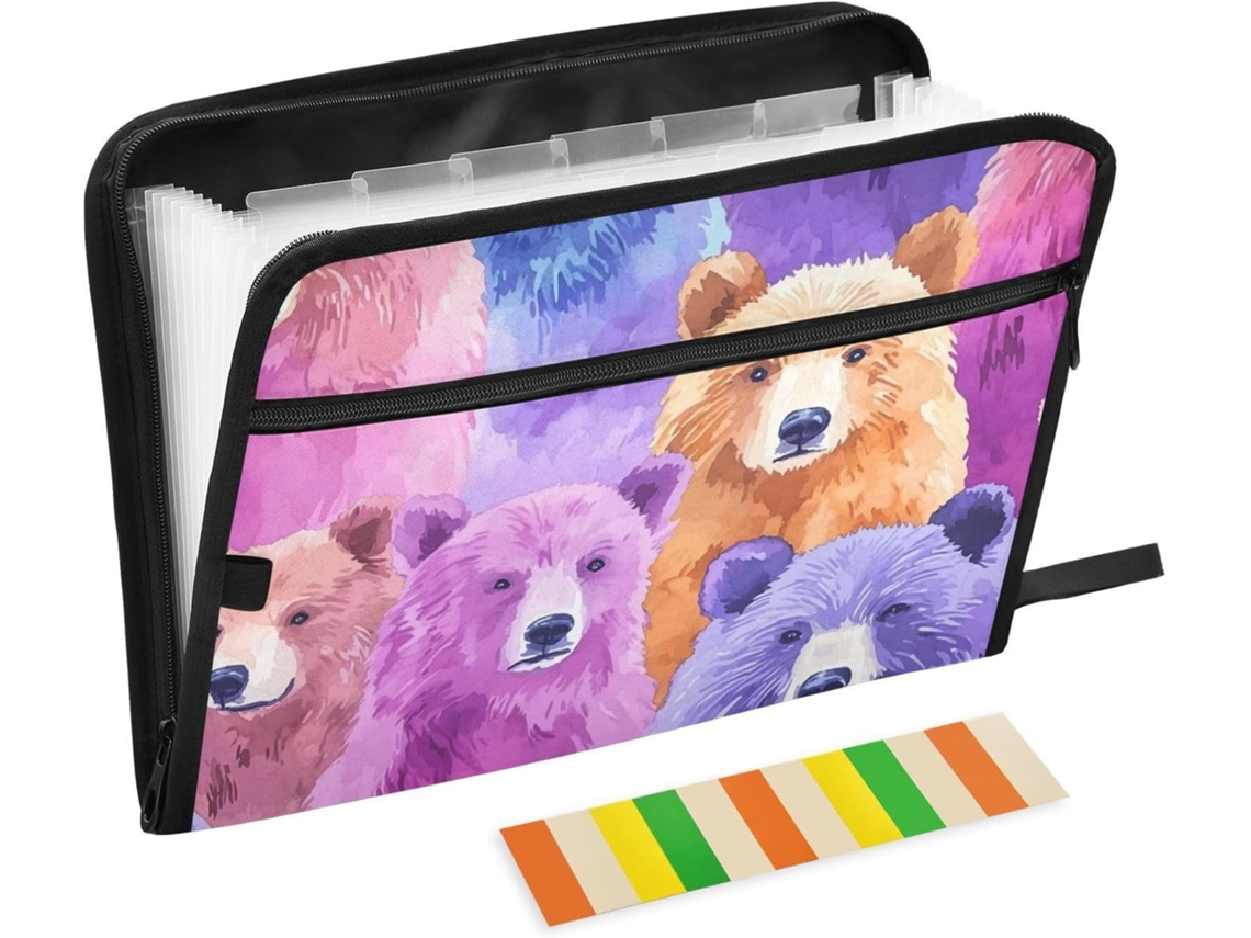 Organizador de Arquivos A4 Expansível com 13 Bolsos e Zíper para Pendurar Urso Colorido 30,5 X 43,2 Cm