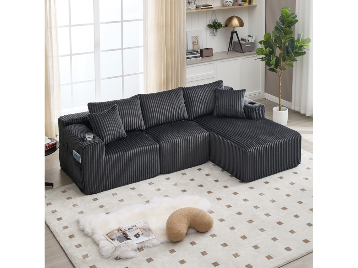Sofá Modular Chaise 2 Assentos Veludo Cotelê 5 Almofadas Moderno