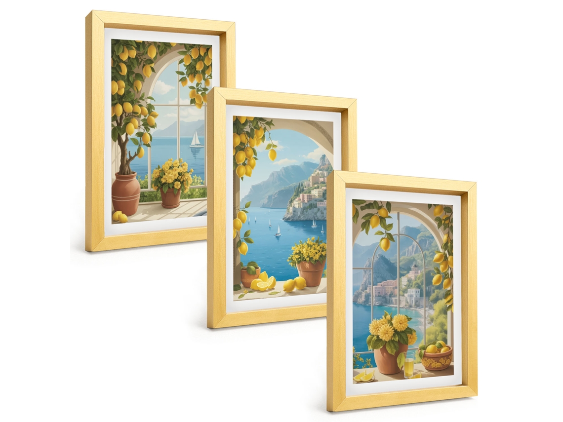 Conjunto De Pinturaspaisagens Marítimas, Limões E Janelas Moldura Dourada Quadros Para A Sala De Estar Espelharte (3 Peças 20x30 Cm)