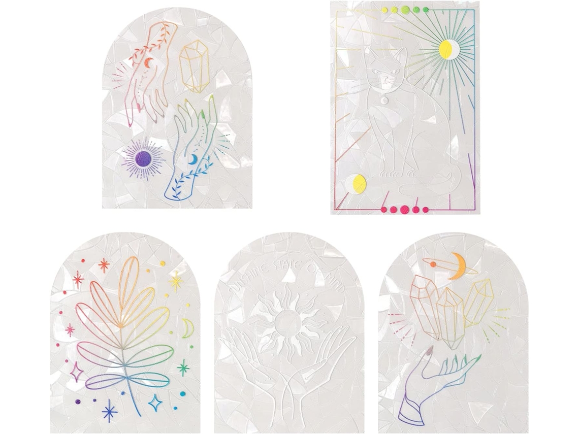 Conjunto De 5 Adesivos Estáticos Para Janela Com Estampa Arco, Íris, Folha, Sol E Gato. Ideais Para Janelas De Correr, Evitam Colisões Com Pássaros