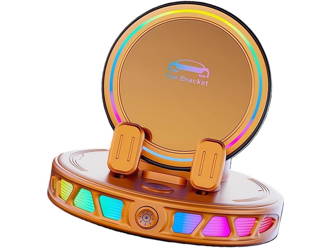 Suporte para celular veicular com ventosa e luz, ajustável com rotação de 360 graus para o painel do carro.