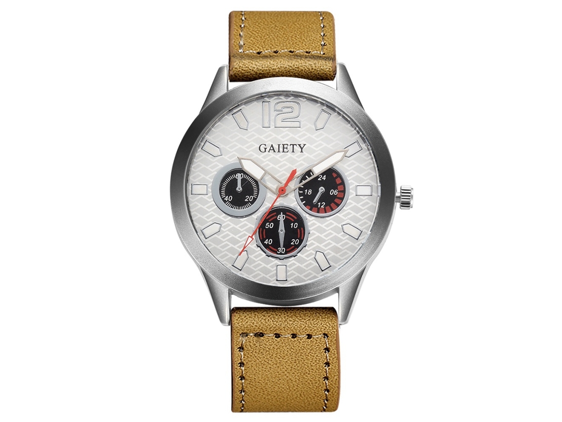 Relógio de pulso casual masculino Gaiety com pulseira de PU, analógico, quartzo, esportivo, redondo, bege.