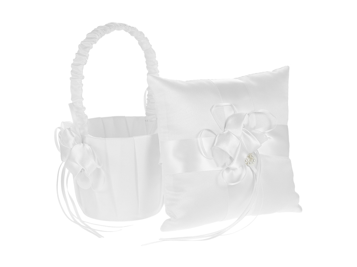 Conjunto de travesseiro para anel e cesto de flores de cetim branco, 7x7 polegadas | S/MARCA
