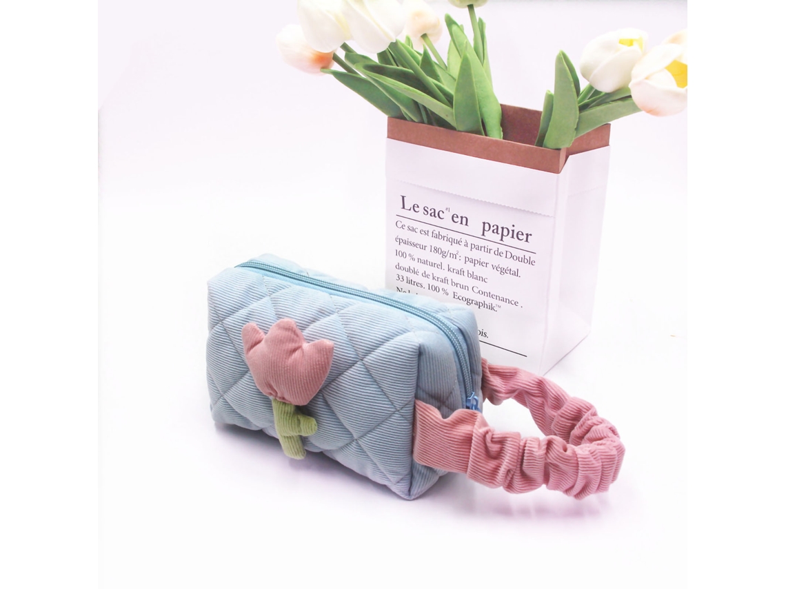 Bolsa de Cosméticos de Veludo Tulipa com Grande Capacidade Portátil para Meninas Azul Claro Pequena