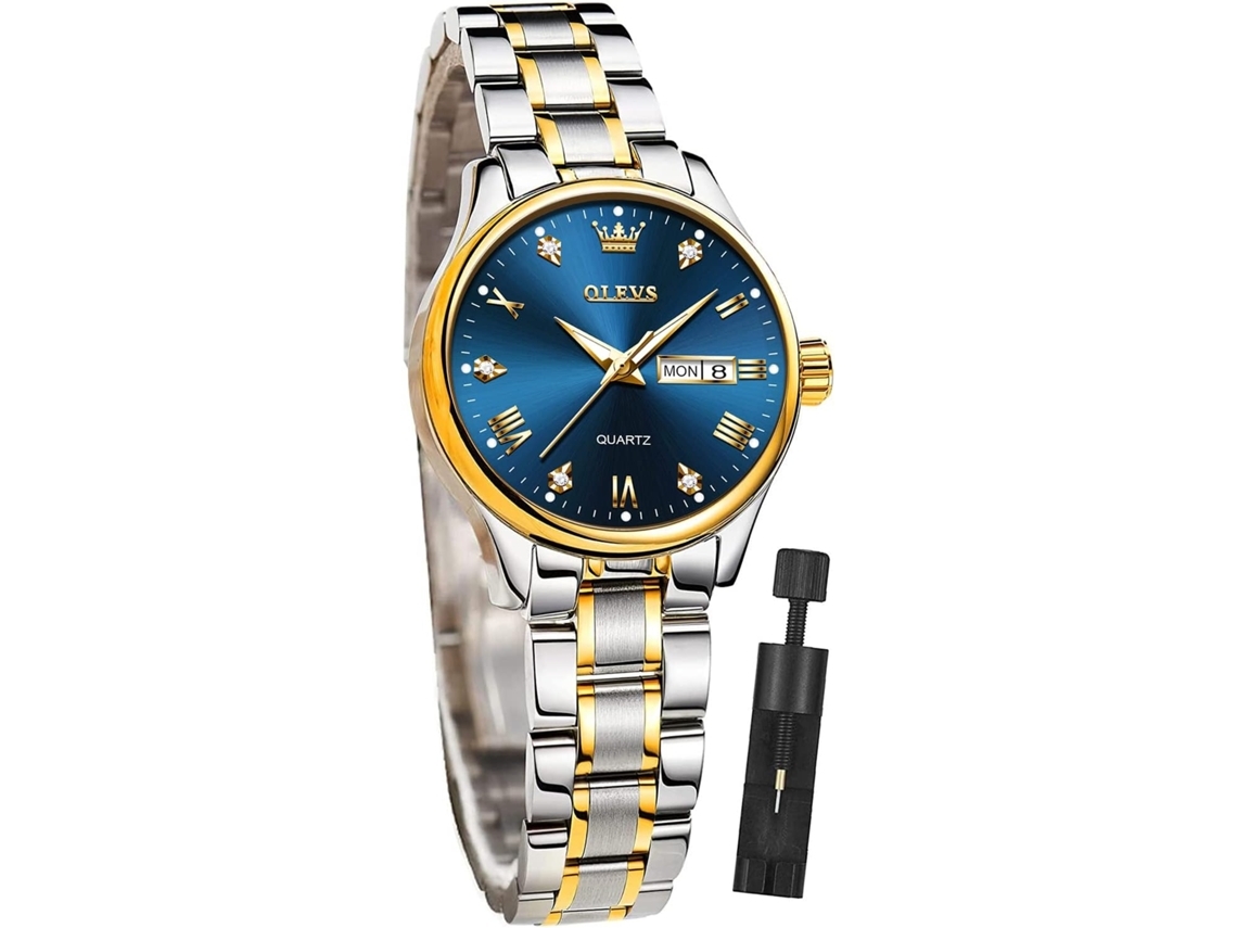Relógio Feminino Simples de Quartzo em Ouro Rosa À Prova DÁgua com Diamanteprata Azul