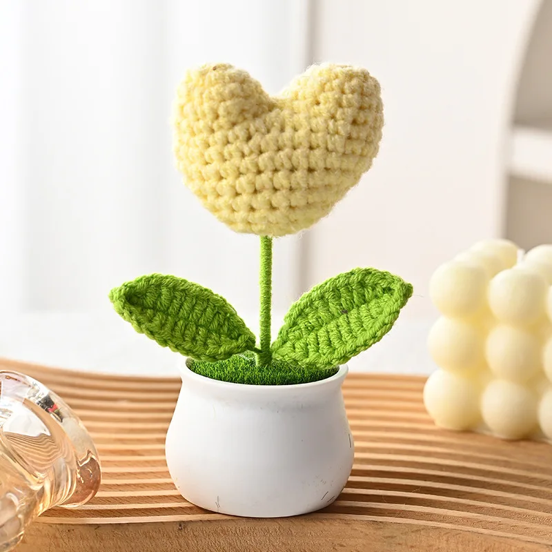 (amarelo, 1 Peça) Lindo Vaso De Flores Artificiais Em Formato De Coração Feito Em Crochê Para Decoração De Casa.