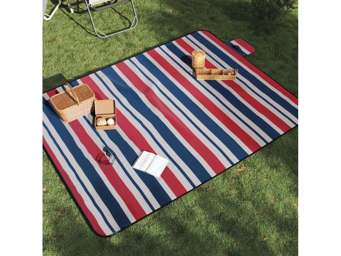 Vidaxl Manta Piquenique Dobrável 200x150cm Veludo Riscas Vermelho/azul