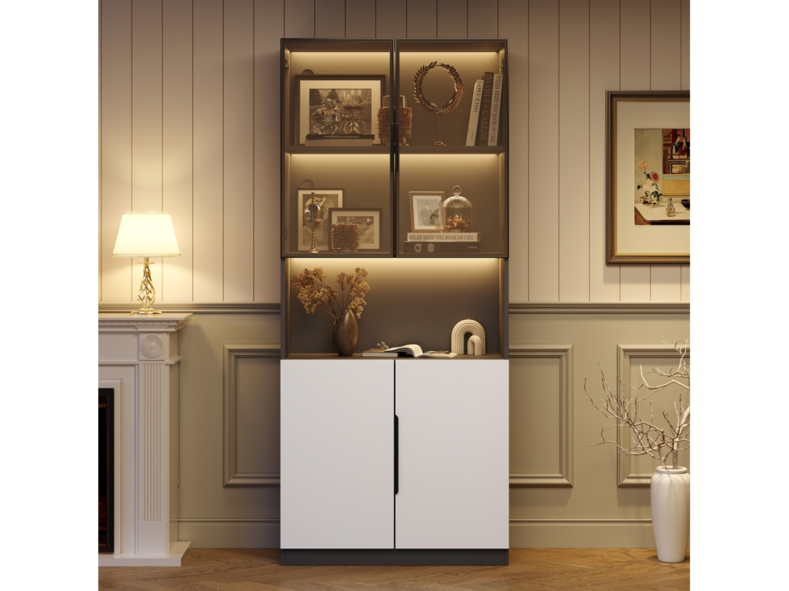 Vitrine moderna e minimalista com luz LED e portas de vidro, prateleira ajustável para objetos de coleção (80x30x200 cm)