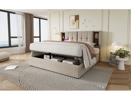 Cama Para Adultos, Somier Duplo Estofado 140x200cm,madeira,linho Natural