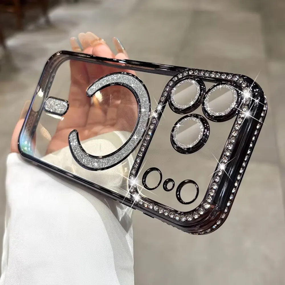 (iphone 17, Preto) Capa Magnética Para Iphone, Capa Transparente E Macia Com Brilho De Diamante, Proteção Total Para A Câmera.