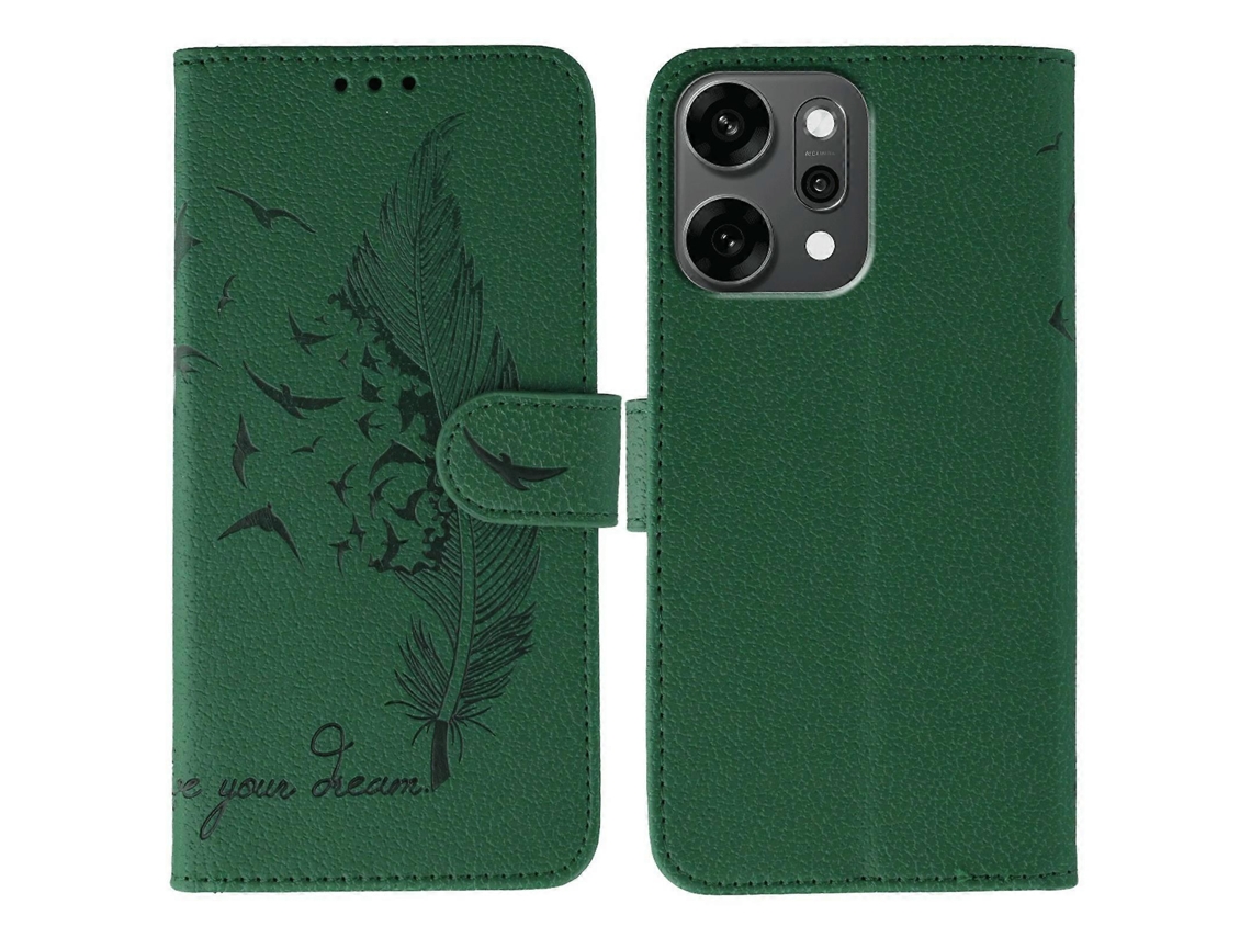 Capa Tipo Carteira De Couro Sintético Com Estampa De Penas Para Oppo Reno14 Pro 5g (global) - Verde