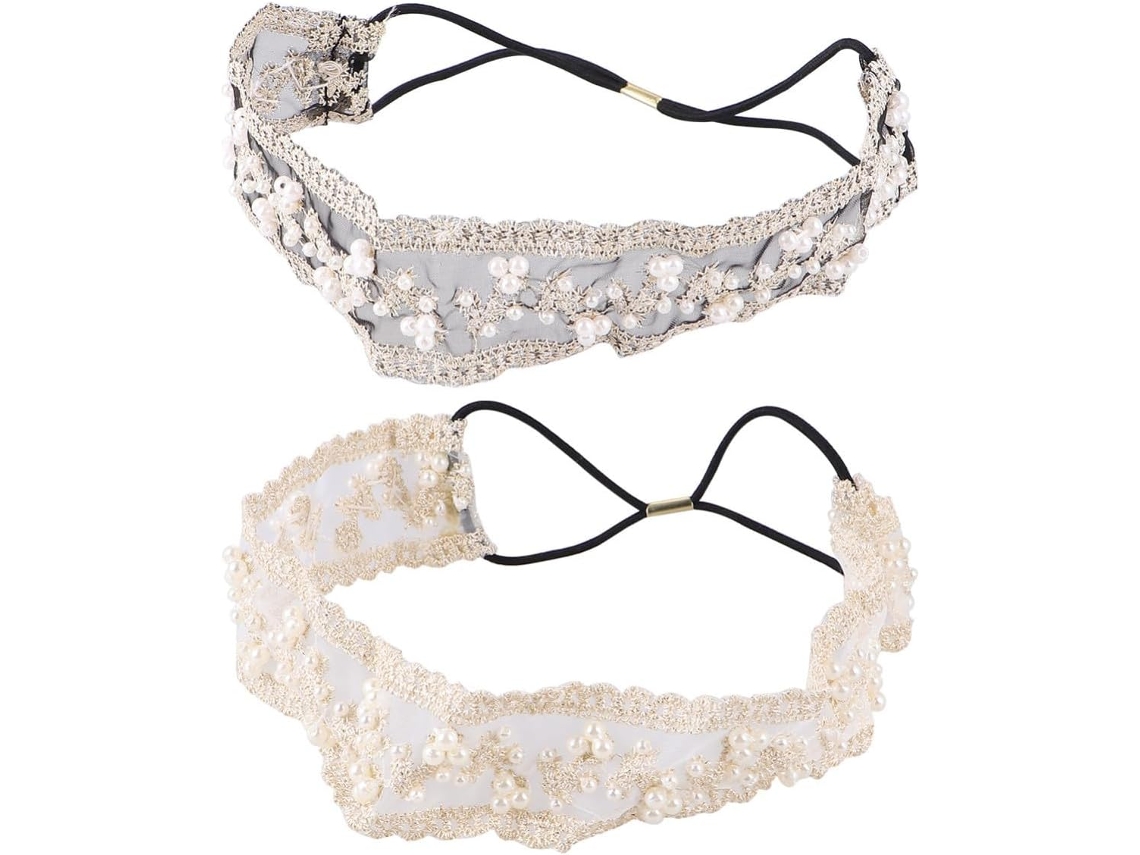 Conjunto de 2 faixas de cabelo femininas com textura delicada, com detalhes decorativos e elásticos.