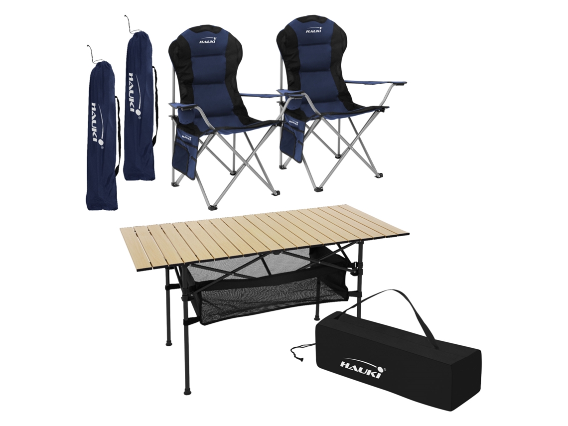 Conjunto de Mobiliário de Campismo de 3 Peças 1X Mesa Bege 2X Cadeiras de Campismo Dobráveis em Azul HAUKI