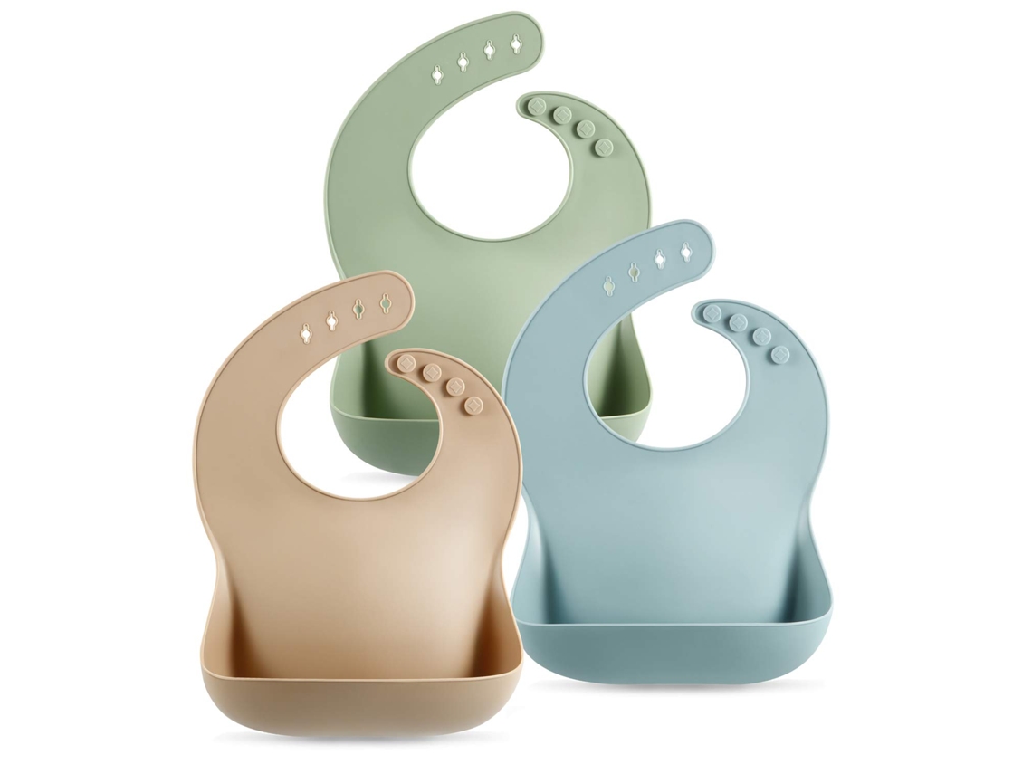Conjunto de 3 Babadores Silicone para Bebês, Impermeáveis, Macios, Unissex, 10 a 72 Meses AQUAFORGE (marrom/azul/verde)