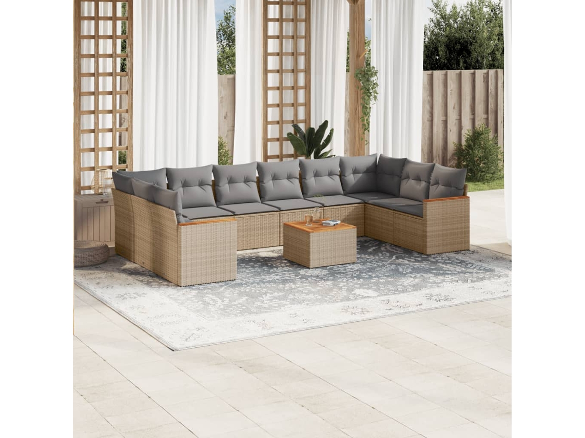 Vidaxl 11 Pcs Conjunto Sofás De Jardim C/ Almofadões Vime Pe Bege