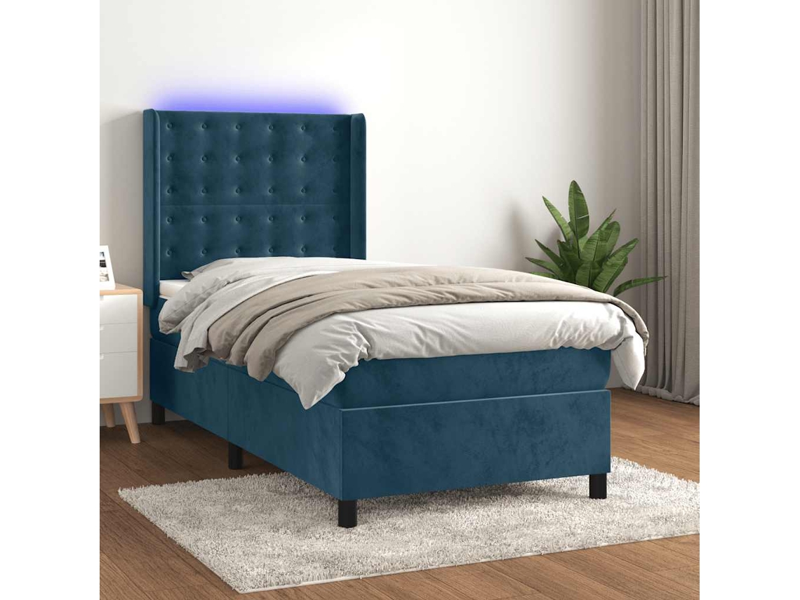 Vidaxl Cama Box Spring C/ Colchão/led 100x200 Cm Veludo Azul-escuro