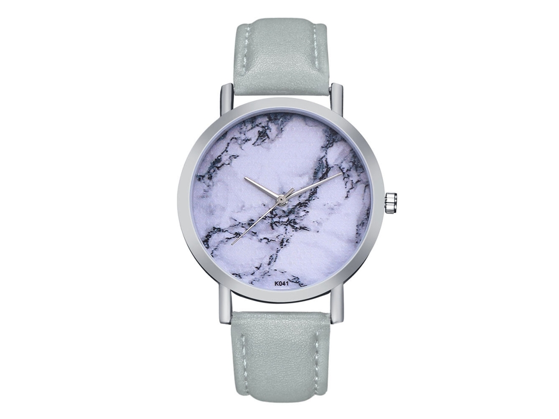 Relógio feminino de quartzo com pulseira de couro PU, caixa prateada e mostrador personalizado (cinza).