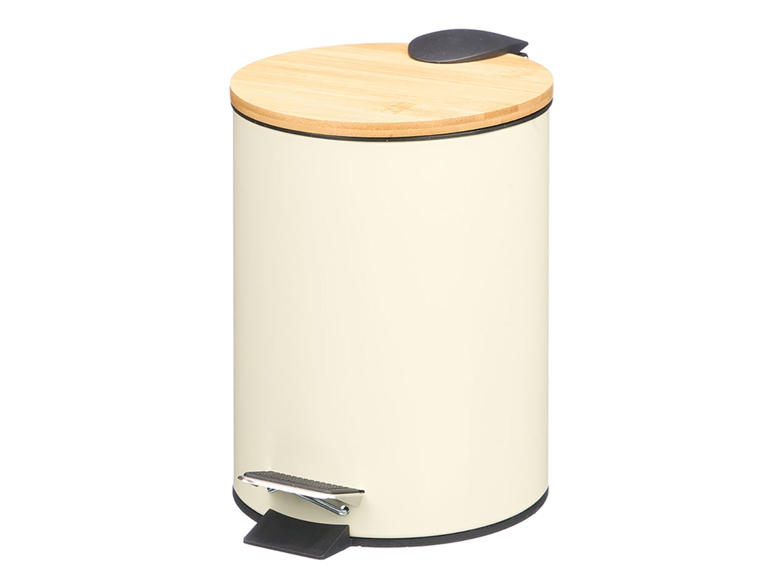 Lixeira Bege de Metal com Tampa de Bambu e Pedal de Abertura. 3l. DAM