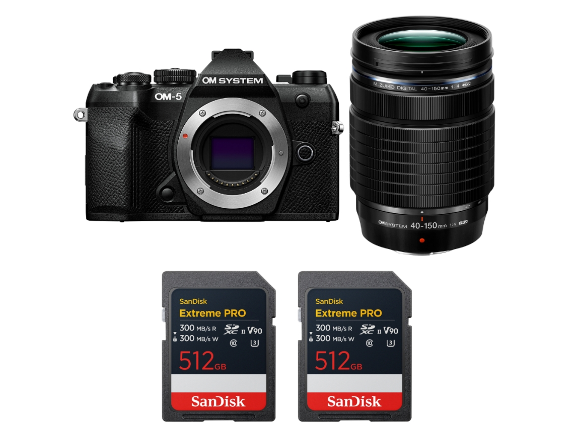 Om 5 Mark Ii Preto + 40 150mm F/4 Pro + 2 Sandisk 512gb Extreme Pro Uhs ii Sdxc + Ebook “20 Dicas para Fotos Que Impressionam” OM SYSTEM
