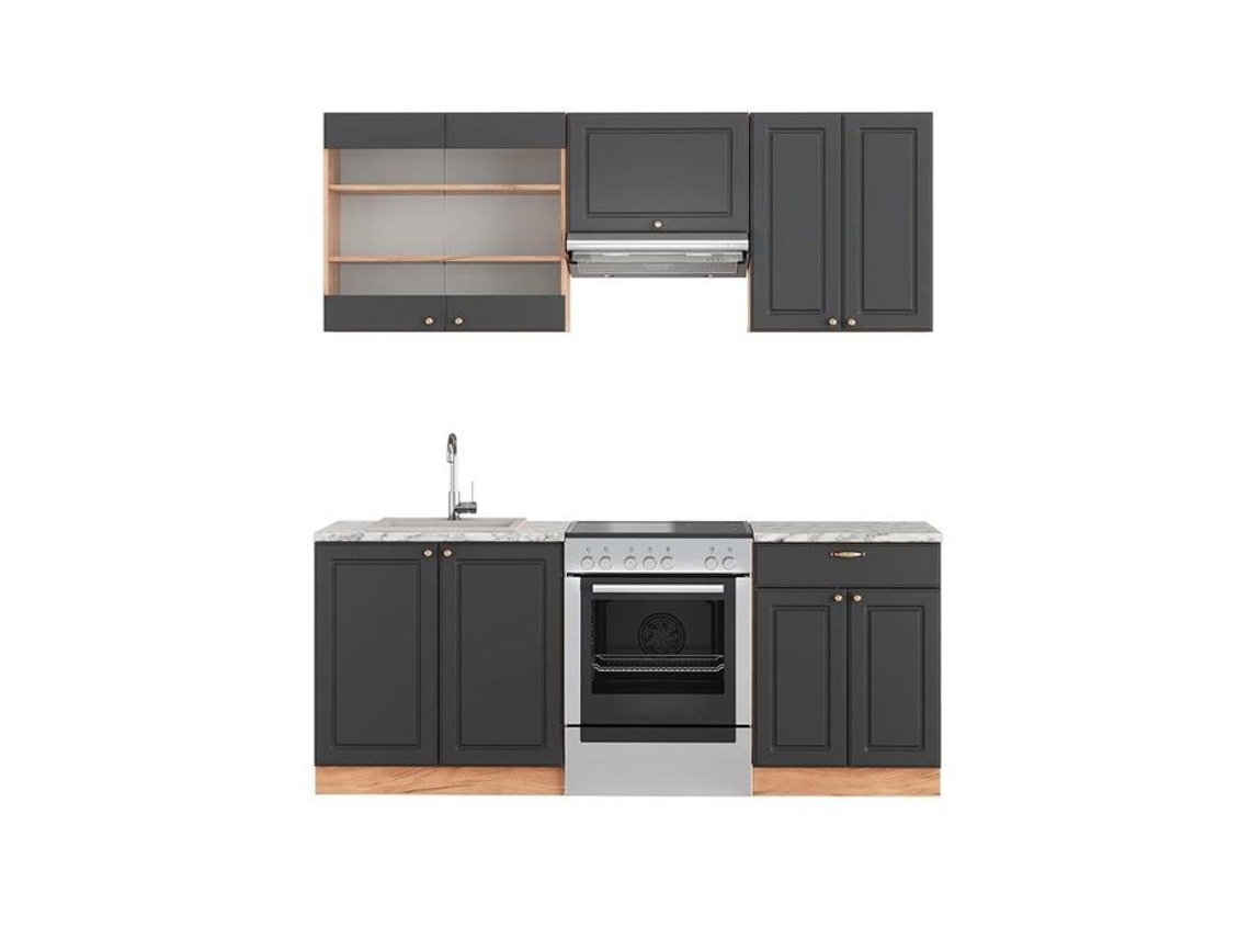 Cozinha Fame-Line, 200 cm, Mármore PT, Country Antracite/Carvalho Dourado, Vicco