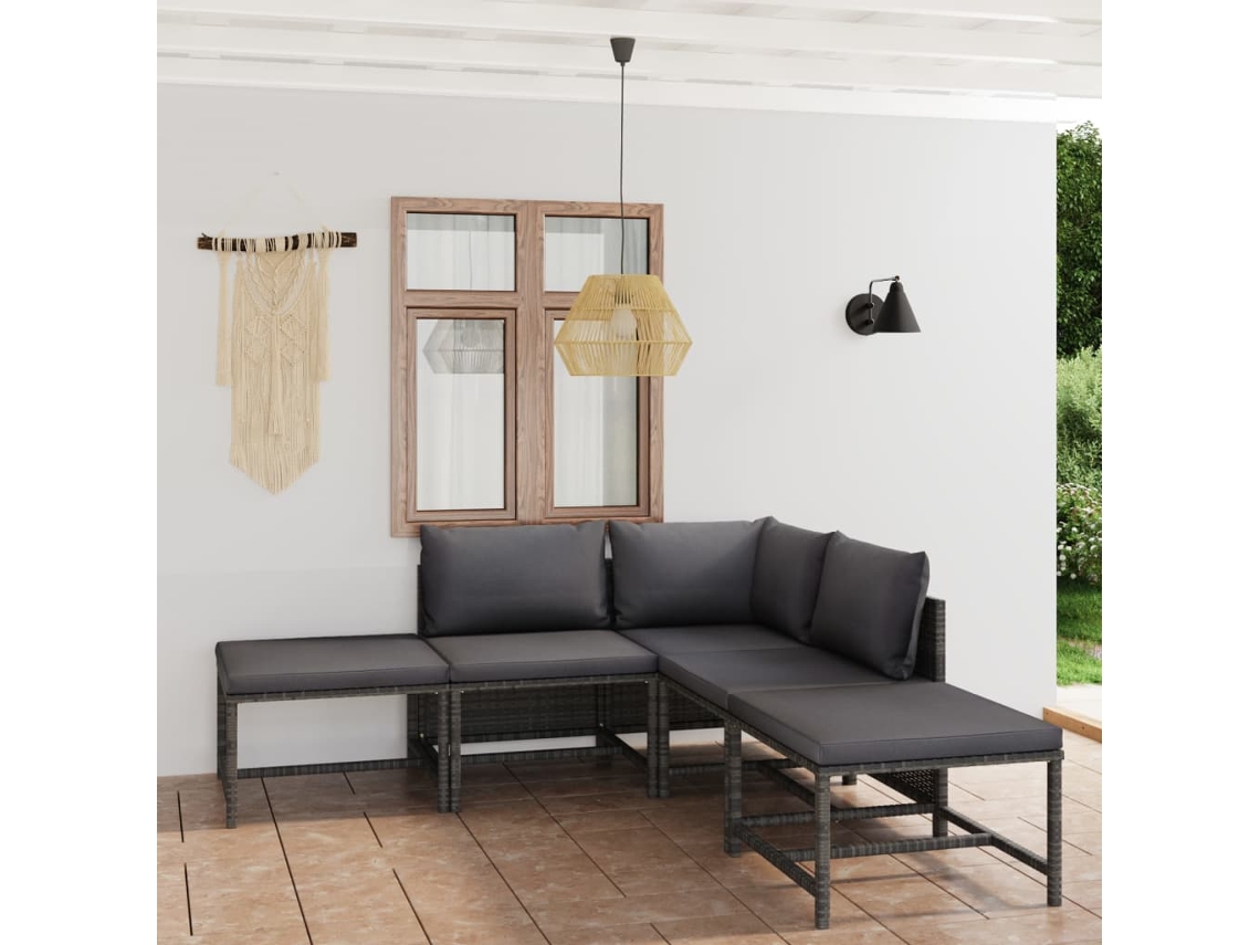 Conjunto Jardim Lounge 6 Peças C/ Almofadões Vime Pe Cinza Dkd Home Decor