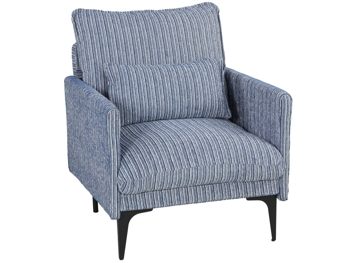 Poltrona Estofada Em Linho Azul Com Textura, Com Apoios De Braço, Suporte Lombar E Assento Amplo.