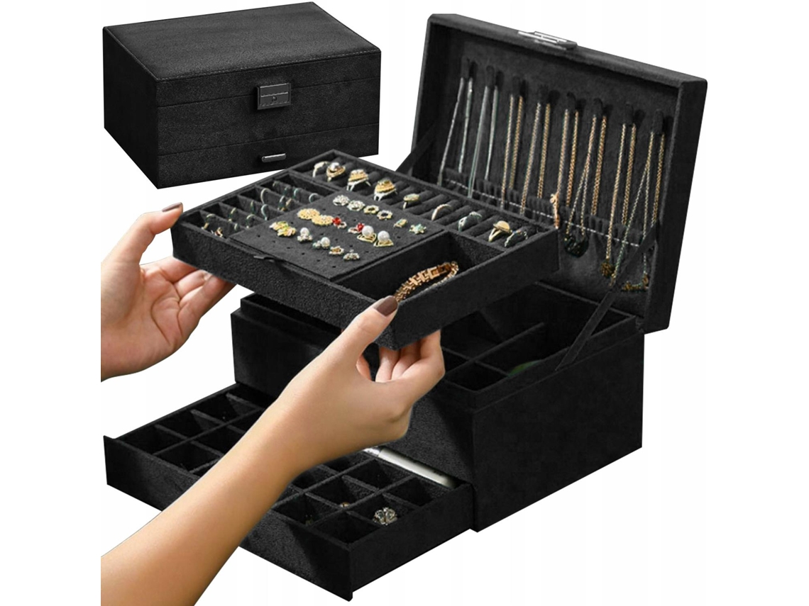 Caixa De Jóias Nível 3 Preto 24x17x11cm Com Cadeado Organizador Elegante