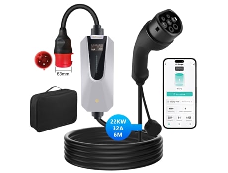 Wallbox Portátil Tipo 2 32a 22kw | Carregador Ev 6m | Tomada Cee Controle Wifi/app | Corrente Ajustável 6 32a Junsun
