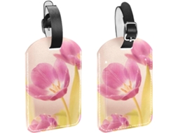 Conjunto De 2 Etiquetas Bagagem Em Imitação Couro Com Pétalas Tulipa Rosa